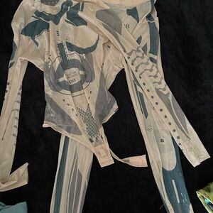 Beige and Blue Skeleton Print Top and Leggings Set